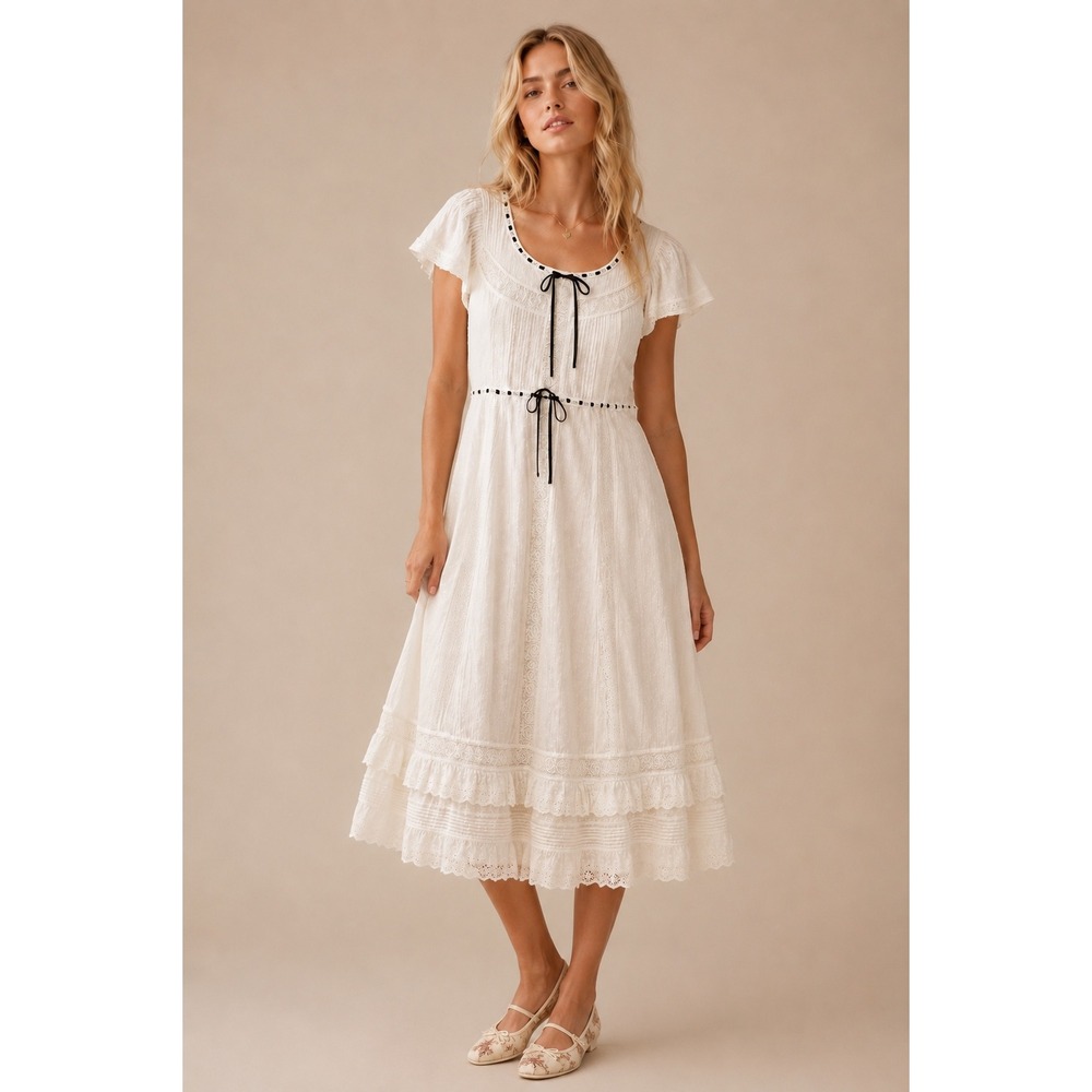LoveShackFancy White Cotton Eyelet Midi Dress Black Ribbon Bows Victorian XS